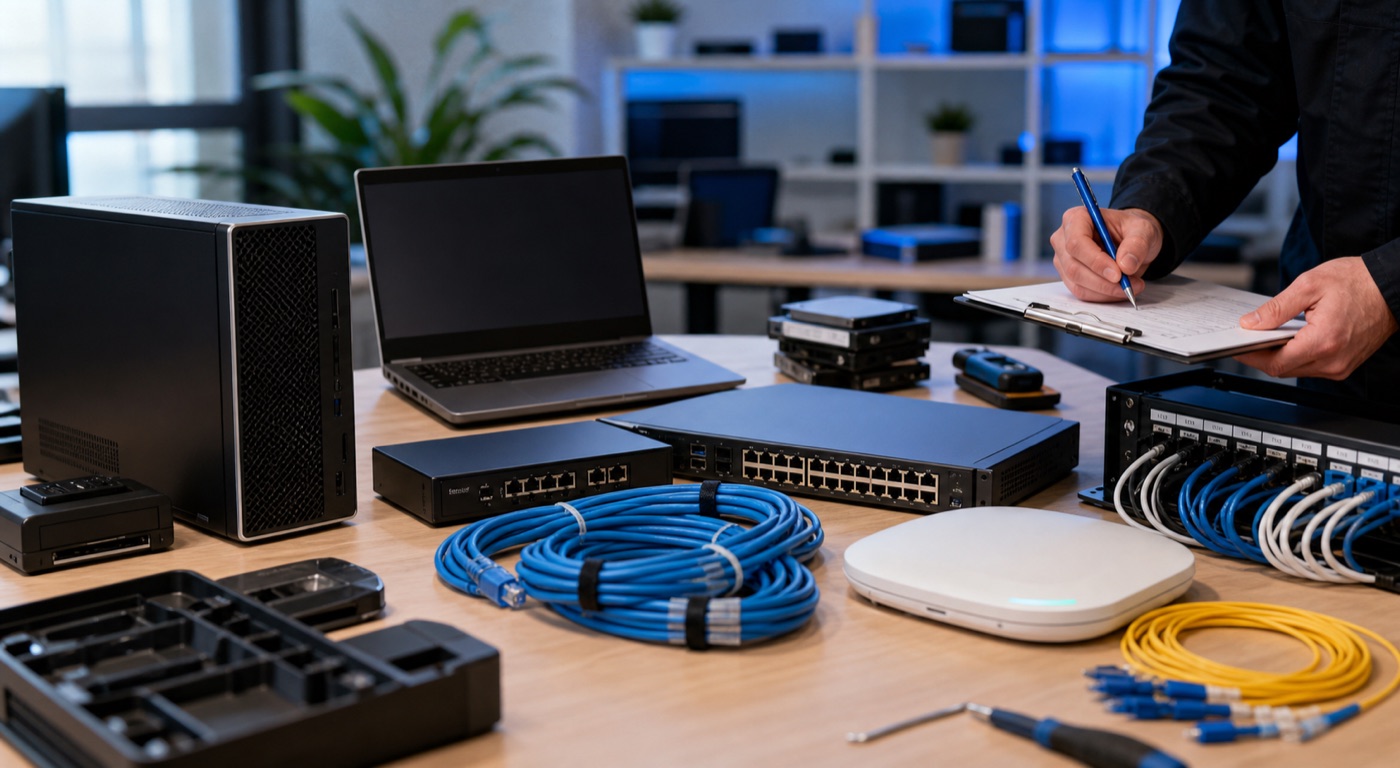 Vorbereitete IT-Hardware und Netzwerktechnik auf einer Werkbank