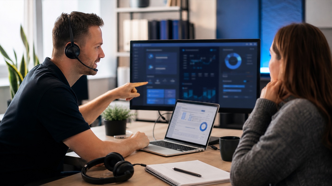 IT-Supportgespräch mit Dashboard und Softwareauswertung